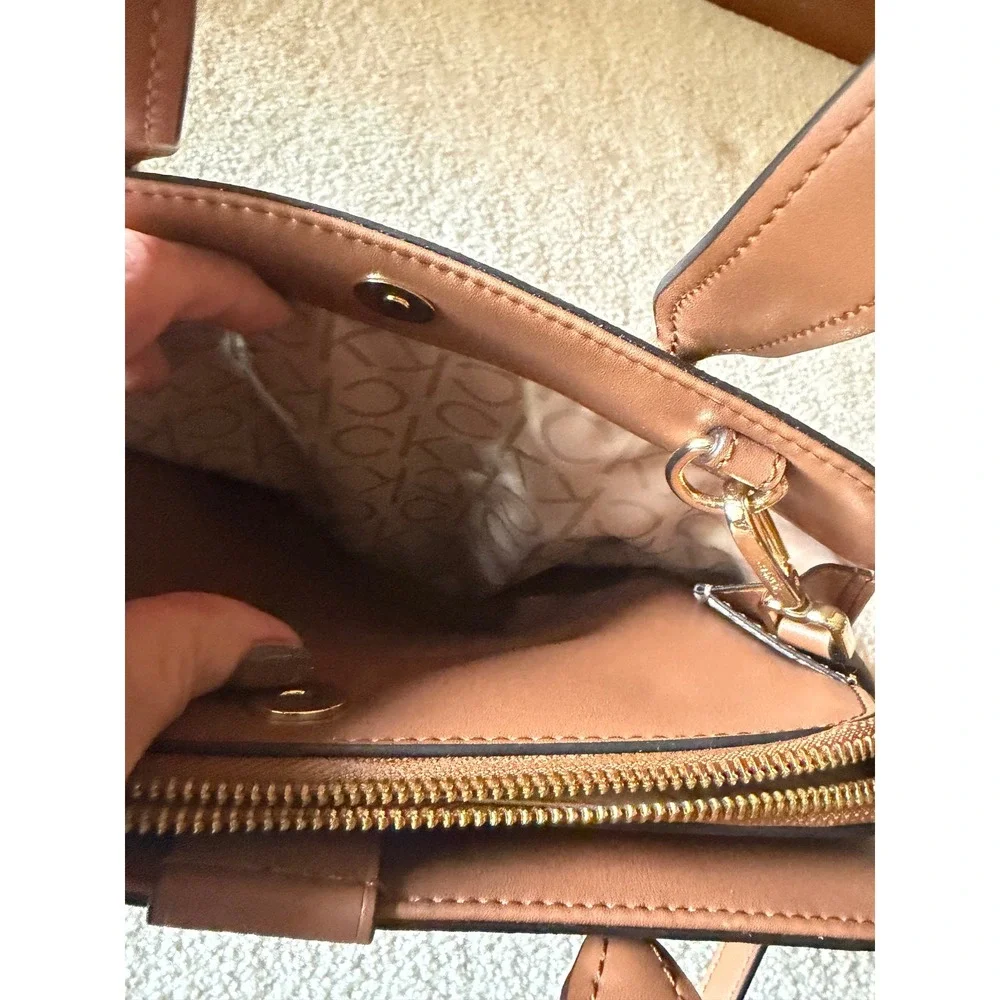 Calvin Klein Monogram Satchel Brown Cognac Logo Dome Crossbody Bag